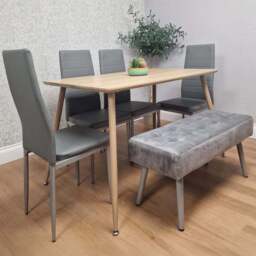 Kosy Koala 4 Seater Faux Leather Wooden Dining Set with Bench Grey - Beige - Wilko