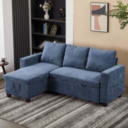 Living and Home 3 Seater Blue Chenille L-Shaped Sofa Bed with Storage Chaise - Wilko - thumbnail 1
