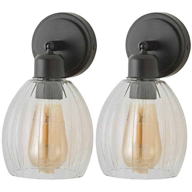 ValueLights Cheltenham Ribbed Shade Matte Black Adjustable Wall Spotlights with Bulbs 2 Pack - Size: 25 x 13.5 x 13.5cm - Wilko - image 1