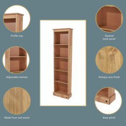 Corona 5 Shelf Antique Wax Finish Tall Narrow Bookcase - Brown - Wilko - thumbnail 5