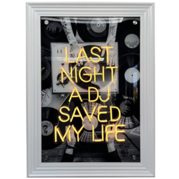 Splashbax Last Night a Dj Saved My Life White Premium Gallery Frame LED Neon Wall Art - Size: 105 x 75 x 7cm - Multi - Wilko