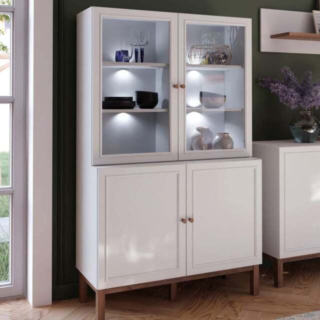 Florence Wensley 4 Door Light Grey and Oak Glass Display Cabinet with LED Lighting - Size: 162.8 x 99.9 x 41.7cm - Multi - Furniture To Go - Wilko - image 1