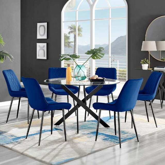 Furniturebox Arona Cesano 6 Seater Round Dining Set Navy and Black - Blue - Wilko - image 1