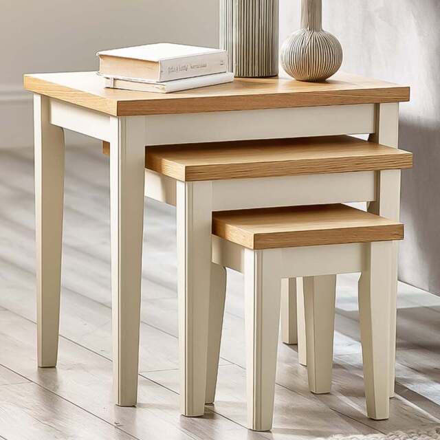 Furniturebox Isolde Oak and Cream Wooden Nest of Tables Set of 3 - Size: 40 x 55 x 52cm - Brown - Wilko - image 1