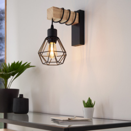 EGLO Townshend 5 Black Natural Wood Vintage Industrial Wall Light - Size: 14 x 14 x 27.5cm - Wilko - thumbnail 3