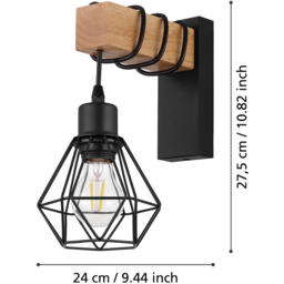 EGLO Townshend 5 Black Natural Wood Vintage Industrial Wall Light - Size: 14 x 14 x 27.5cm - Wilko - thumbnail 5