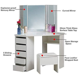 Portland 5 Drawer White Corner Dressing Table Set with Mirror - Size: 53 x 111 x 141cm - Wilko - thumbnail 4