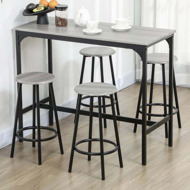 HOMCOM 4 Seater Grey Wood and Metal Bar Table and Stool Set - Wilko - image 1