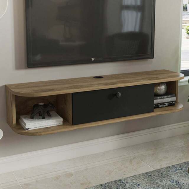 Decorotika Ibarra Single Door 2 Shelf Oud and Black Wall Mounted TV Unit - Size: 23.4 x 120 x 29.6cm - Multi - Wilko - image 1