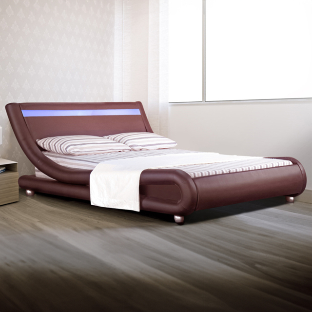 Brooklyn Italian Designer Double Size Brown Faux Leather Bed Frame with LED - Wilko - image 1