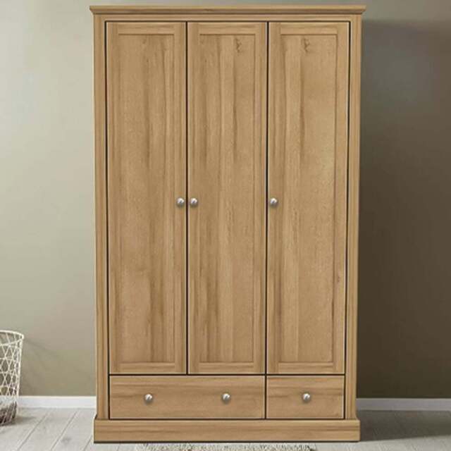 Devon 3 Door 2 Drawer Oak Effect Wardrobe - Size: 3 Door, 2 Drawer - Brown - LPD Home - Wilko - image 1