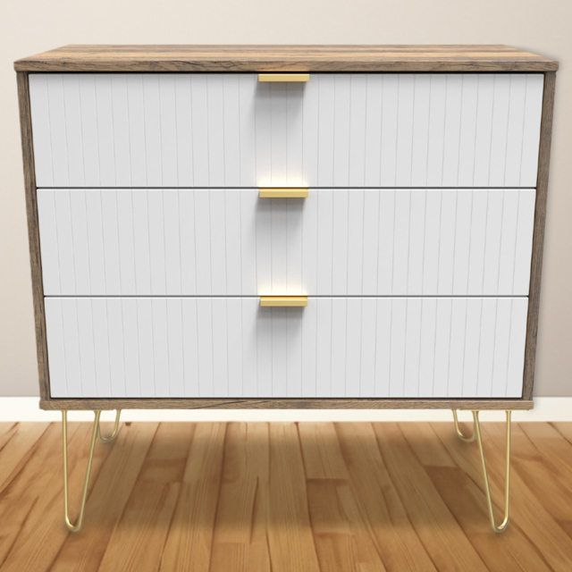 Crowndale 3 Drawer White Matt and Vintage Oak Wide Chest of Drawers Ready Assembled - Wilko - image 1