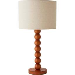 ValueLights Wyatt Natural Linen Drum Lamp Shade Walnut Wood Bobbin LED Table Lamp - Size: 53.5 x 28 x 28cm - Cream - Wilko