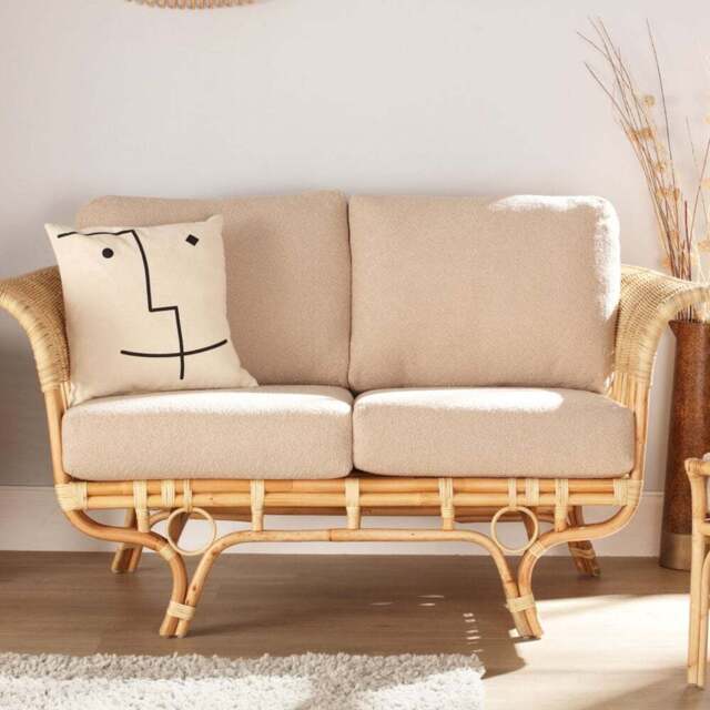 Desser Furniture Bejing 2 Seater Natural Rattan Latte Boucle Sofa - Brown - Wilko - image 1