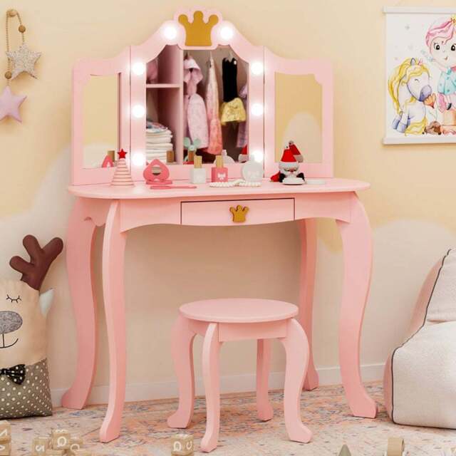 Costway Pink Kids Vanity Set with Lighted Mirror and Stool - Size: 80 x 40 x 106cm - Wilko - image 1
