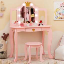 Costway Pink Kids Vanity Set with Lighted Mirror and Stool - Size: 80 x 40 x 106cm - Wilko