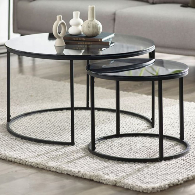 Julian Bowen Chicago Smoked Glass Round Nest of Tables Set of 2 - Size: 80 x 80 x 50cm - Black - Wilko - image 1