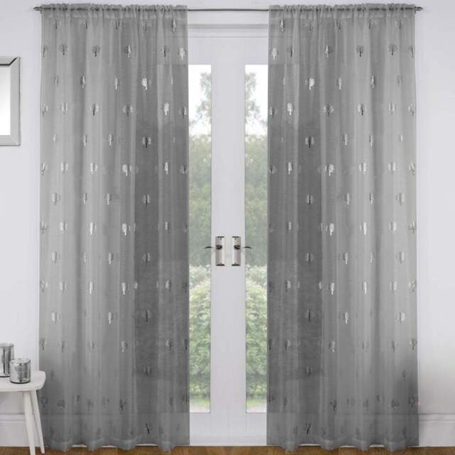 Tyrone Textiles Birch Silver Metallic Tree Print Pocket Header Voile Panel Curtains 140 x 183cm - Size: 183 x 140 x 1cm - Wilko - image 1