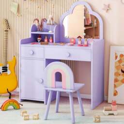 Costway 2 Drawer Single Door Purple Kids Vanity Set with Cloud-shaped Mirror - Size: 80 x 40 x 98cm - Wilko