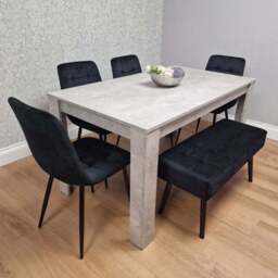 Kosy Koala Rocco 5 Seater Wooden Velvet Dining Bench Set Stone Grey and Black - Wilko