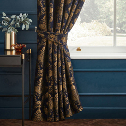 Paoletti Shiraz Navy Floral Jacquard Pencil Pleat Curtain 168 x 229cm - Size: W 229 x D 168cm - Blue - Wilko - thumbnail 4