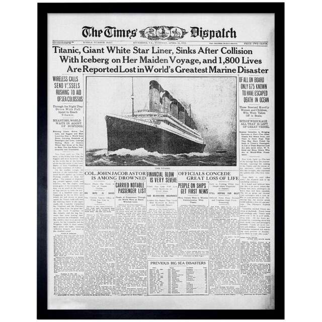 Artery8 Titanic Disaster 1912 Times Despatch Newspaper Front Page Framed Wall Art Print 30 x 41cm - Size: 43.3 x 33.3 x 1.5cm - Grey - Wilko - image 1