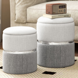 Costway Grey Round Linen Storage Ottoman Set of 2 - Size: 48 x 38 x 38cm - Wilko