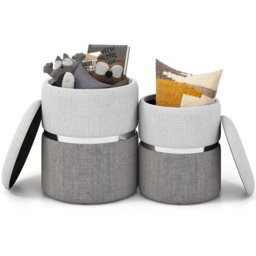 Costway Grey Round Linen Storage Ottoman Set of 2 - Size: 48 x 38 x 38cm - Wilko - thumbnail 4