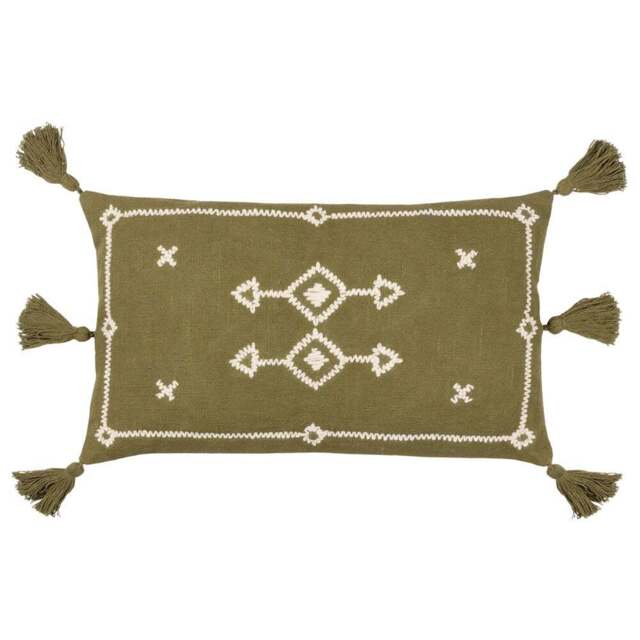 Yard Folis Khaki Embroidered Cushion - Size: 50 x 30 cm - Green - Yard Living - Wilko - image 1