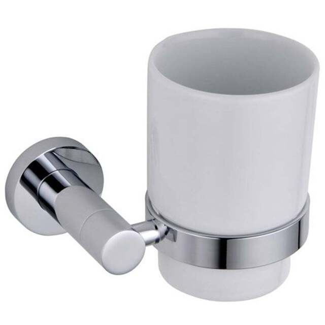 Nes Home Chrome Round Glass Tumbler with Holder - Size: 9.5 x 10 x 11cm - Silver - Wilko - image 1