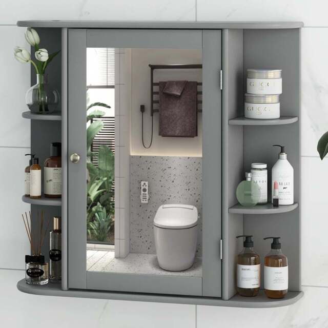 Costway Single Door 6 Shelf Grey Mirrored Bathroom Cabinet - Size: 76 x 43xm - Wilko - image 1