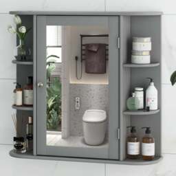 Costway Single Door 6 Shelf Grey Mirrored Bathroom Cabinet - Size: 76 x 43xm - Wilko - thumbnail 1