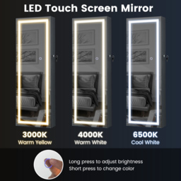 Costway White 3 Colour LED Lockable Jewellery Mirror Cabinet - Size: 37 x 10.5 x 108cm - Wilko - thumbnail 6