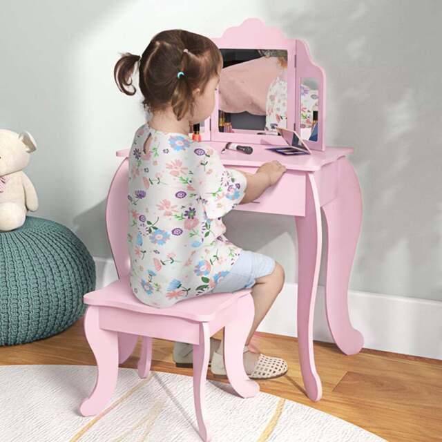 HOMCOM Single Drawer Pink Tri-Folding Mirror Makeup Dressing and Table Set - Size: 85.5 x 40 x 63cm - Wilko - image 1