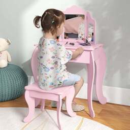 HOMCOM Single Drawer Pink Tri-Folding Mirror Makeup Dressing and Table Set - Size: 85.5 x 40 x 63cm - Wilko