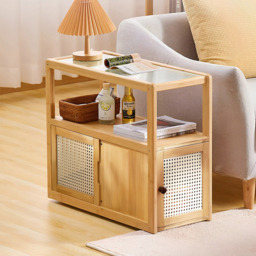 Living and Home 2 Tier 2 Door Wooden Glass Side Table with Wheels - Size: 61 x 67 x 30.5cm - Brown - Wilko - thumbnail 4