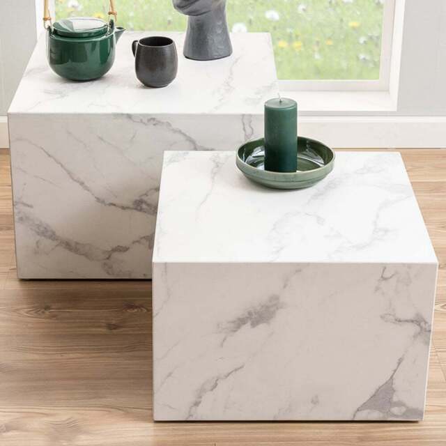 Florence Dice Square White Marble Carrara Coffee Table Set of 2 - Furniture To Go - Wilko - image 1