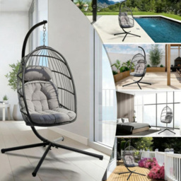 Obasyhig Grey PE Rattan Foldable Hanging Egg Chair with Cushion and Stand - Size: 118 x 77 x 16cm - Wilko - thumbnail 5