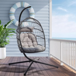 Willowmare Grey PE Rattan Foldable Hanging Egg Chair with Cushion and Stand - Size: 118 x 77 x 16cm - Wilko