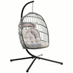 Obasyhig Grey PE Rattan Foldable Hanging Egg Chair with Cushion and Stand - Size: 118 x 77 x 16cm - Wilko - thumbnail 3