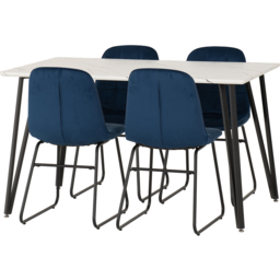 Seconique Marlow and Lukas 4 Seater Dining Set White Marble and Sapphire Blue Velvet - White Marble/Sapphire Blue Velvet - Wilko - thumbnail 3