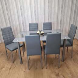 Kosy Koala 6 Seater Glass and Faux Leather Striped Design Dining Set Grey - Portland - Wilko
