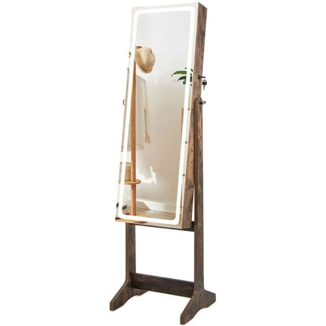 Costway 2 Drawer Rustic Brown LED Light Standing Jewellery Cabinet - Size: 41 x 38.5 x 151cm - Wilko - image 1