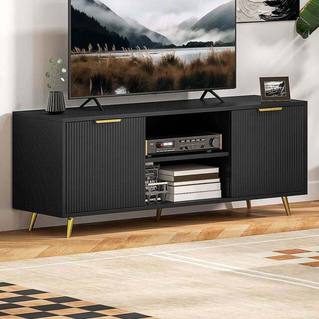 HOMCOM 2 Door 2 Shelf Black TV Stand Cabinet with Storage - Size: 48.0 cm x 35.0 cm x 120.0 cmcm - Wilko - image 1