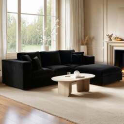 SOLACE+CO Asher 4 Seater Black Velvet Sofa with Footstool - Wilko - thumbnail 1