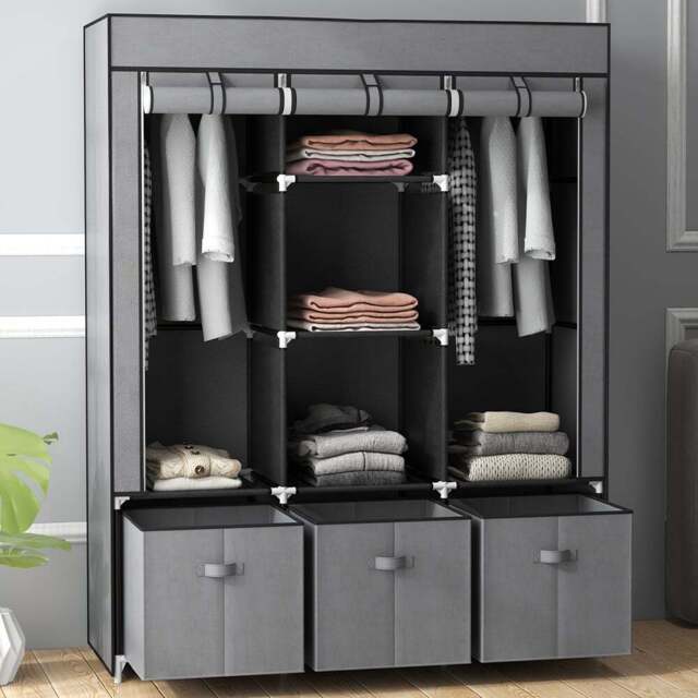 Portland 3 Drawers Dark Grey Portable Fabric Wardrobe - Wilko