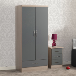 Seconique Nevada 2 Door Single Drawer Grey Gloss and Light Oak Veneer Wardrobe - Size: 2 Door, Single Drawer - Wilko
