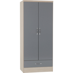 Seconique Nevada 2 Door Single Drawer Grey Gloss and Light Oak Veneer Wardrobe - Size: 2 Door, Single Drawer - Wilko - thumbnail 3