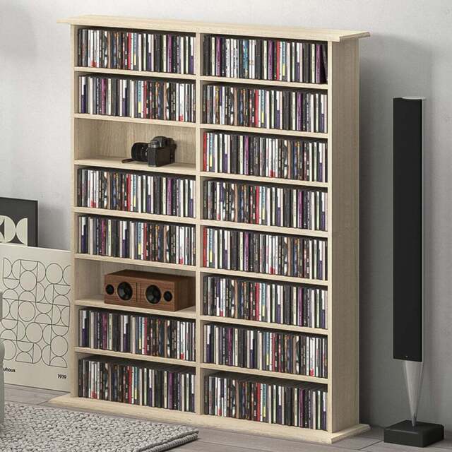HOMCOM 16 Shelf Natural DVD and CD Media Storage Unit - Size: 126.3 cm x 24 x 106.5 cm - Brown - Wilko - image 1