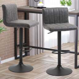 Portland Dark Grey PU Leather Height Adjustable Swivel Bar Stool Set of 2 - Wilko